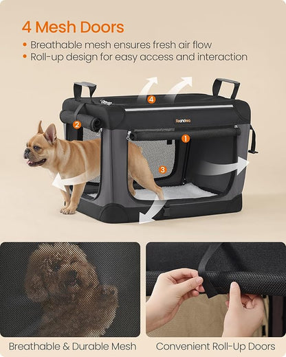 Feandrea Collapsible Dog Crate, 24-Inch Portable Dog Travel Crate for Small Dogs, Oxford Fabric Pet Carrier with 4 Mesh Doors, Handles, Storage Pocket, Water Bottle Holder, Ink Black UPDC016B01