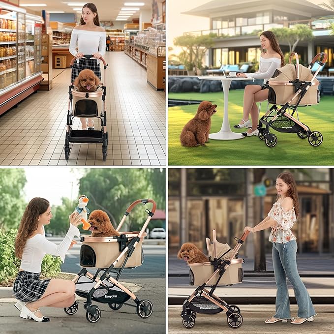 Kenyone 3-in-1 Pet Stroller for Small Medium Dogs Puppy Cat Stroller with Detachable Carrier &amp; Pad Lightweight Foldable Aluminum Alloy Frame Dual No-Zip Entry(Khaki)