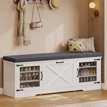 Farmhouse Storage Bench with Flip Drawers &amp; Padded Seat Cushion, Half Hidden Shoe Rack Organizer, Adjustable Shelf Shoe Cabinet for Large Family, Entryway, Bedroom, Living Room (White)