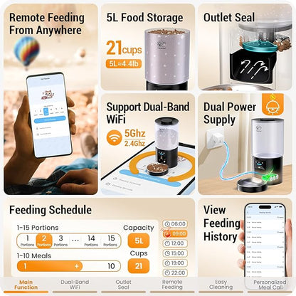 5L Automatic Cat Feeder with Sealed Outlet: 5G WiFi Automatic Dog Feeder with APP Control, Auto Cat Food Dispenser with Voice Recording for Pets, Detachable for Easy Clean - 21 Cup