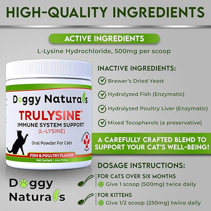 Trulysine L-Lysine for Cats Immune Support Oral Powder 4oz/100g - Cats &amp; Kittens of All Age, Sneezing, Runny Nose Squinting, Watery Eyes - Fish &amp; Poultry Flavor (U.S.A)(100 Grams ( 500mg / Scoop))