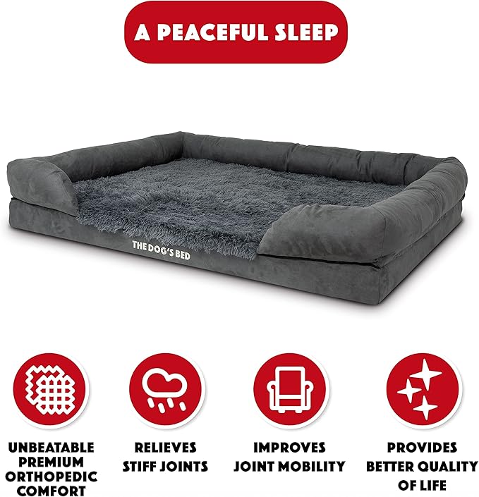 The Dog’s Bed, XXL Grey Fur Memory Foam, Pain Relief: Arthritis, Hip &amp; Elbow Dysplasia, Post Surgery, Lameness, Supportive, Calming, Waterproof, Washable Cover, Veterinary Approved