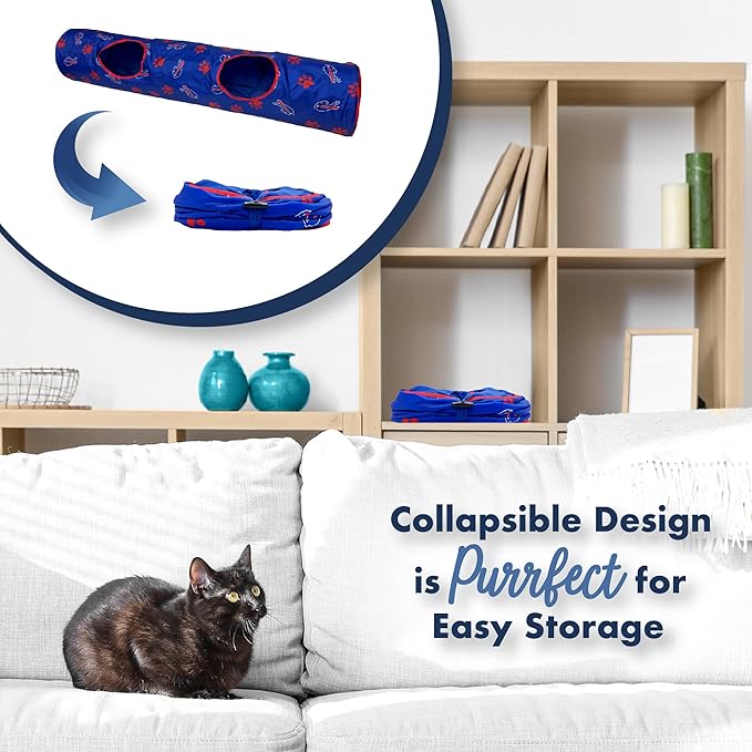 NFL Buffalo Bills Cat Tunnel Tube Toy with Plush Football Catnip and Feathers Collapsible Tunnel for Cats to Play, Peek and Hide, Sporty &amp; Fun Cat Tunnel Toy with Team Logo All-Over Design!