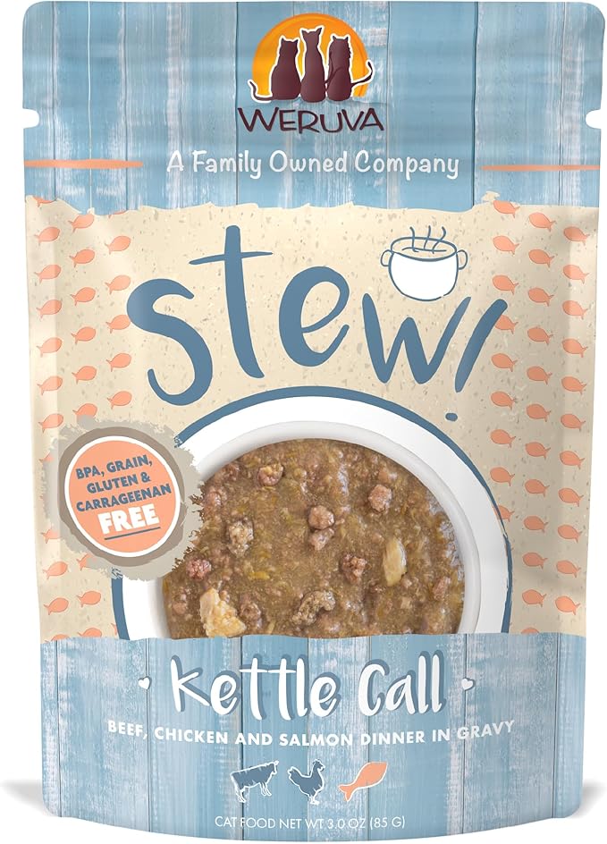 Weruva Classic Cat Stews!, Kettle Call with Beef, Chicken &amp; Salmon in Gravy, 3oz Pouch (Pack of 12)