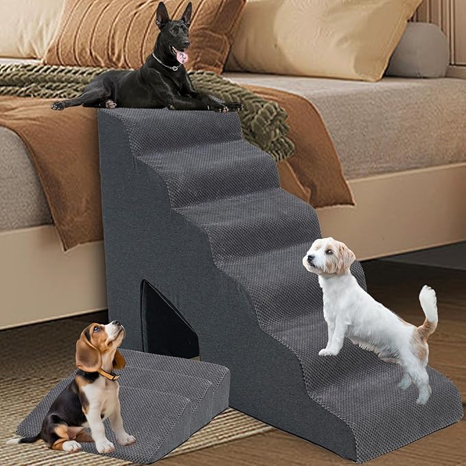 Dog Stairs &amp; Steps Ramps for High Beds 30 inches High Tall, LitaiL 6 Step Pet Stairs Steps for Small Large Dogs, Non-Slip Dog Ramps with 3 Pack Ramps for Staircase