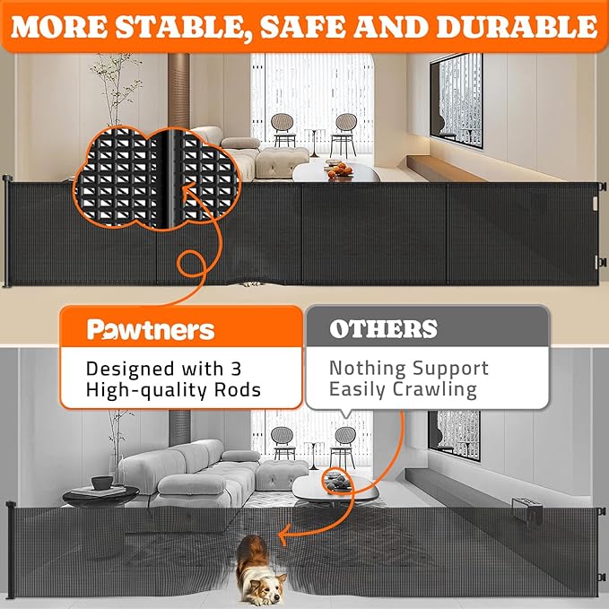 Pawtners Retractable Baby Gates Extra Wide, 41" Tall Extends up to 200" Wide, Dog Gate Indoor for Stairs, Pet Gate with Support Rods for Doorways Hallways Garage Indoor &amp; Outdoor-Black