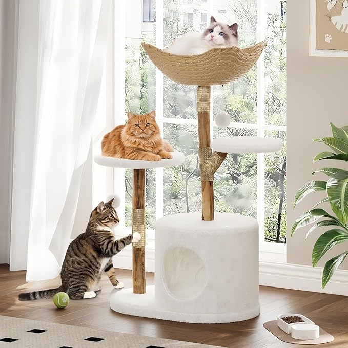 Modern Wood Cat Tree Tower for Large Cats | Luxury Solid Pear Wood Condo with Platforms, Scratching Posts &amp; All-Season Mats, 43" Aesthetic Cat Furniture, 2 Branch