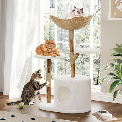Modern Wood Cat Tree Tower for Large Cats | Luxury Solid Pear Wood Condo with Platforms, Scratching Posts &amp; All-Season Mats, 43" Aesthetic Cat Furniture, 2 Branch