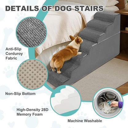 6-Step Dog Stairs for High Bed - 25.5" Adjustable Dog Ramps for Couch, Non-Slip Sturdy Pet Steps for Small Dogs, Washable Cover, Removable Modular Design, Dual 11” &amp; 14.5” Steps for Custom Height