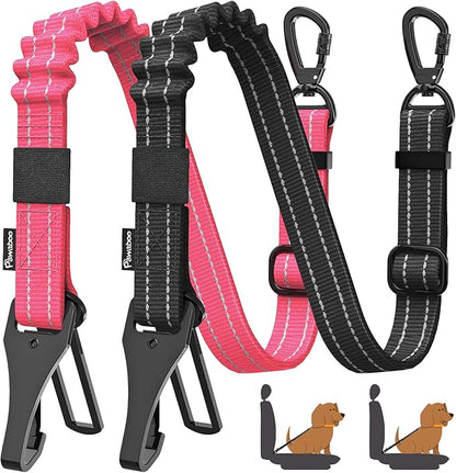 Pawaboo 2Pack Dog Seatbelt for Car, 3-in-1 Dog Car Seat Belt Bungee, Shockproof Dog Tether for Car with Buckle &amp; Hook Latch, Adjustable Reflective Dog Harness Leash with 360° Lockable Buckle, Pink