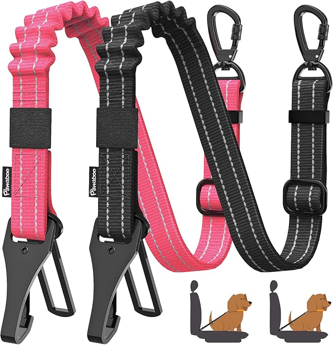 Pawaboo 2Pack Dog Seatbelt for Car, 3-in-1 Dog Car Seat Belt Bungee, Shockproof Dog Tether for Car with Buckle &amp; Hook Latch, Adjustable Reflective Dog Harness Leash with 360° Lockable Buckle, Pink