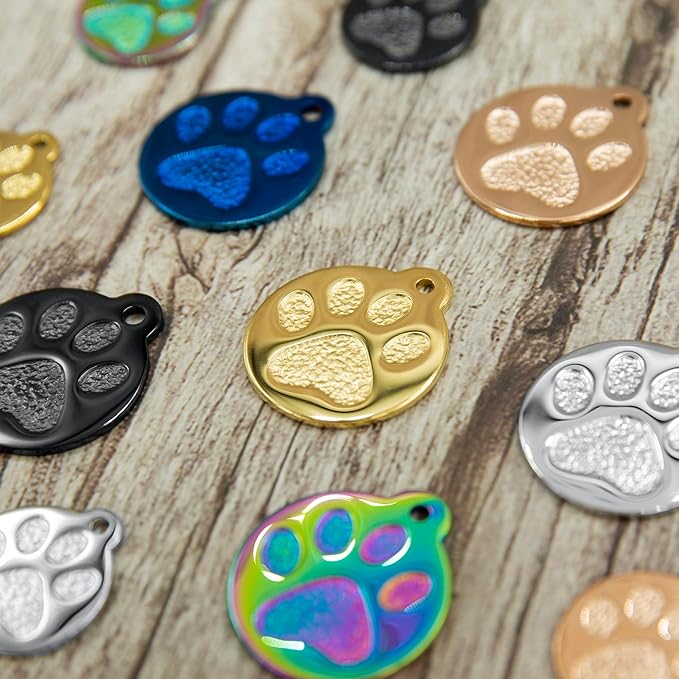 Engraved Pet Tag for Dogs and Cats - Personalized Front &amp; Back up to 4 Lines of Text Custom Engraved ID, Round Paw Print Solid Plating Stainless Steel Silver Regular