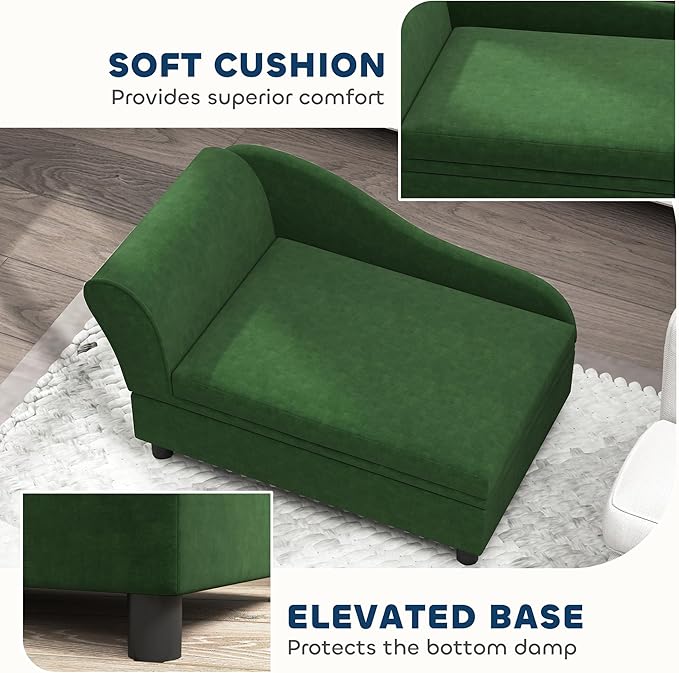 PawHut Luxury Fancy Dog Couch with Hidden Storage, Small Dog Sofa Bed with 2" Soft Foam, Modern Pet Furniture for Puppies &amp; Little Breeds, Green