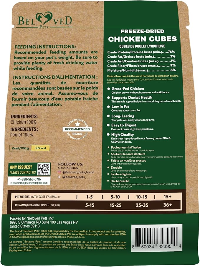 Beloved Pets Dog &amp; Cat Treats Freeze Dried Chicken Cubes 5.3 oz - All Natural Meat Raw Pet Food - Human Grade High-Protein Snacks &amp; Grain-Free Jerky Chews for Cats and Small Dogs