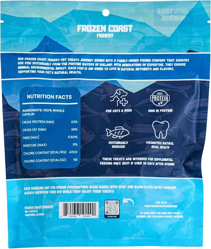 Frozen Coast Capelin Cat &amp; Dog Treats- Single-Ingredient, All-Natural, High-Protein, Omega-3s, Fish Snacks (3 oz Bag)