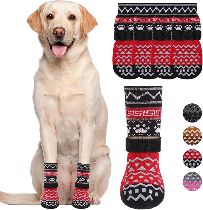 KOOLTAIL Dog Socks to Prevent Licking Paws for Hardwood Floors Anti Slip, Winter Warm Pet Boots&amp;Paw Protector with Grippers, Double Sides Dog Shoes Booties for Small Medium Large Senior Dogs Red S