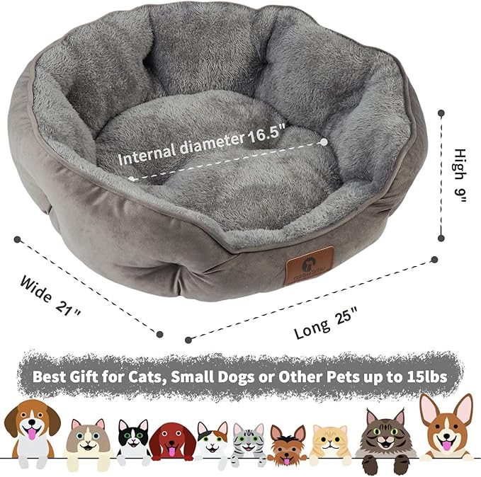 Asvin Medium Dog Bed for Medium Dogs, Cat Beds for Indoor Cats, Pet Bed for Puppy and Kitty, Extra Soft &amp; Machine Washable with Anti-Slip &amp; Water-Resistant Oxford Bottom, Grey, 25 inches