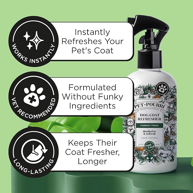 Poo-Pourri Furrest Fresh Dog Deodorizing Spray, 8 Fl Oz Grooming Perfume for Dog Coat, Pet Odor Neutralizer with Essential Oils, Vet Recommended, Paraben &amp; Sulfate-Free Fir, Amber, &amp; Cedarwood Scent