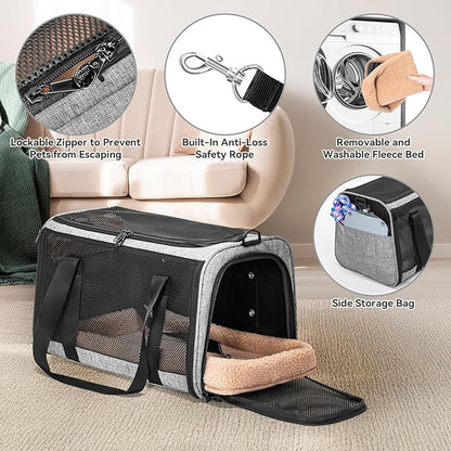 PETSFIT Soft-Sided Cat Carriers &amp; Car Seats with Patent Safe Buckles, Clip-On Harness，18"x11"x11" Airline Approved Pet Carrier - 9 lbs Capacity,Grey