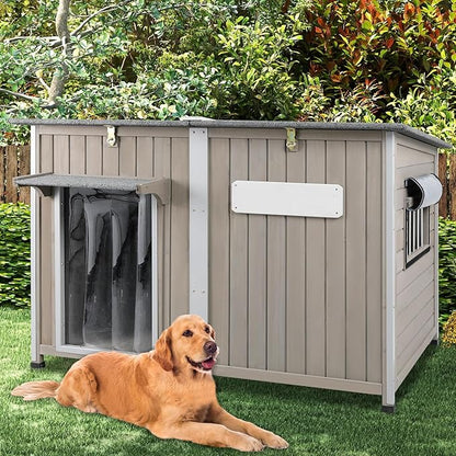 Weatherproof Outdoor Dog House, Wooden Puppy Shelter with Anti-Chewing Iron Frame and Elevated Floor, Sturdy Dog Kennel for Small, Medium &amp; Large Dogs, Grey (Gray, 51" L x 29" W x 32" H)