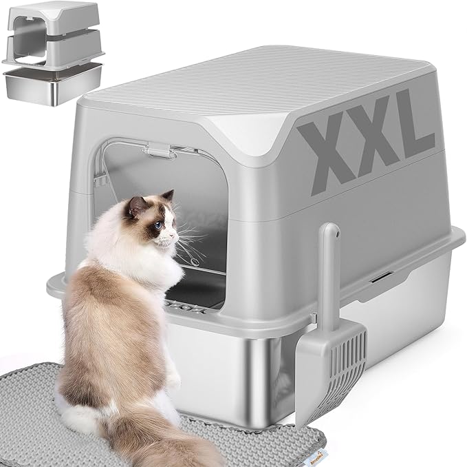 Stainless Steel Cat Litter Box with Lid, Extra Large, Great for Large &amp; Small Cats, Easy to Clean, Anti-Leakage, Non-Sticky, Multifunctional 2 in-1 Metal Cat Litter Box - Light Gray