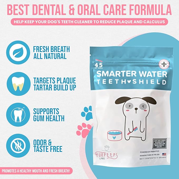 Dog Breath Freshener Powder for Water – Cat &amp; Dog Dental Care Water Additive, Natural Plaque &amp; Tartar Remover, Bad Breath Eliminator, Easy No-Brush Oral Hygiene – 45 Servings, Vet Recommended