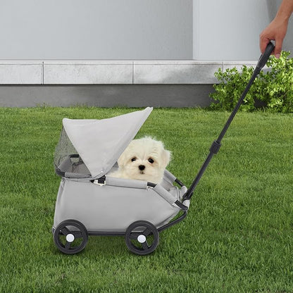 Small Dog Stroller, Pe4-Wheel Portable Dog &amp; Cat Stroller with Semi-Open Design, Foldable Pet Cart with Canopy for Small Dogs or Cats Weighing Less Than 15.43 Pounds (Grey)