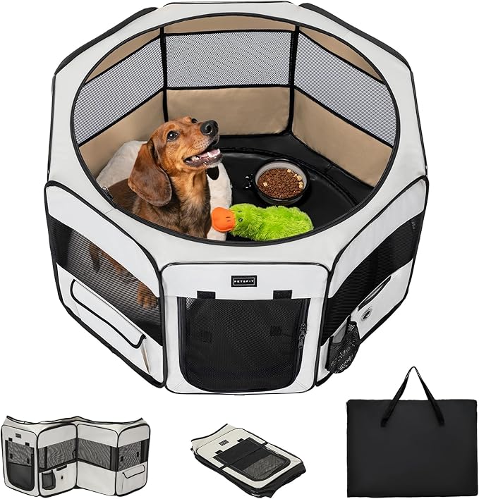 PETSFIT Portable Dog Playpen,36" Dog Play Pen Indoors with Removable Waterproof Mat &amp; Zippered Roof | RV, Camping, Travel Dog Pen | Whelping &amp; Cat Observation Space(36" L x 36" W x 21" H)