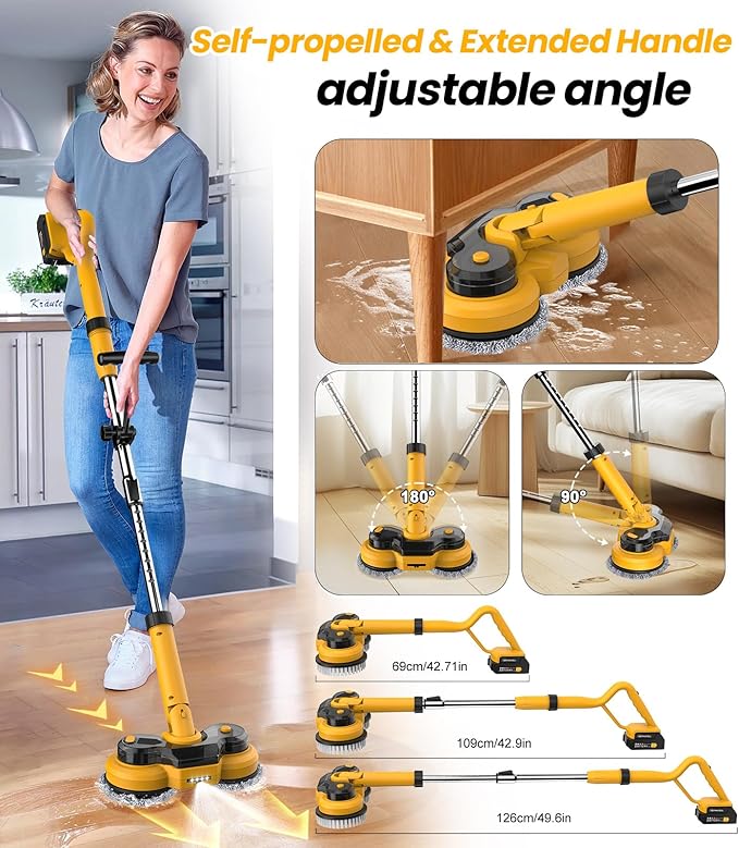 qimedo 6000mAh Battery Electric Mop M1, 800RPM Cordless Electric Power Scrubber &amp; Mops for Floor Cleaning, Best Automatic Spin Mops with Smart Display,Rotating Mop with LED Light &amp; Water Spray