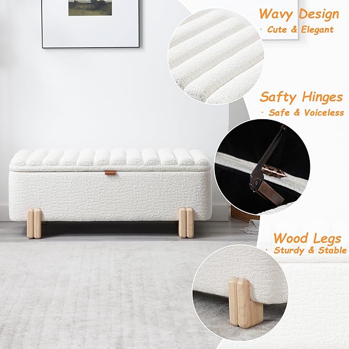 Kmax 45" Storage Bench Faux Fur Entryway Bench Upholstered Ottoman Bench with Wavy Top &amp; Safty Hinge for Bedroom Living Room Hallway, White