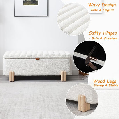Kmax 45" Storage Bench Faux Fur Entryway Bench Upholstered Ottoman Bench with Wavy Top &amp; Safty Hinge for Bedroom Living Room Hallway, White