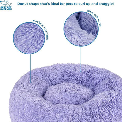 Best Pet Supplies Round Donut Dog Bed with Plush Faux Fur Fabric, Calming, Anti-Anxiety Cushion for Indoor Pets, Slip-Resistant Base, Soft Ergonomic Support - Lavender, 24x24x7&
