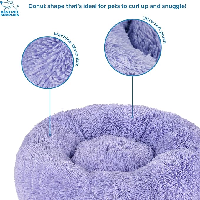 Best Pet Supplies Round Donut Dog Bed with Plush Faux Fur Fabric, Calming, Anti-Anxiety Cushion for Indoor Pets, Slip-Resistant Base, Soft Ergonomic Support - Lavender, 30x30x8&