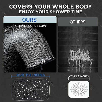 Veken Wide Rain Shower Head with 6 Modes Handheld Water Spray，High Pressure Showerhead Combo with Arm for Bathroom Accessories，Home Decor Adjustable Dual Shower with Anti-Clog Nozzles，Matte Black