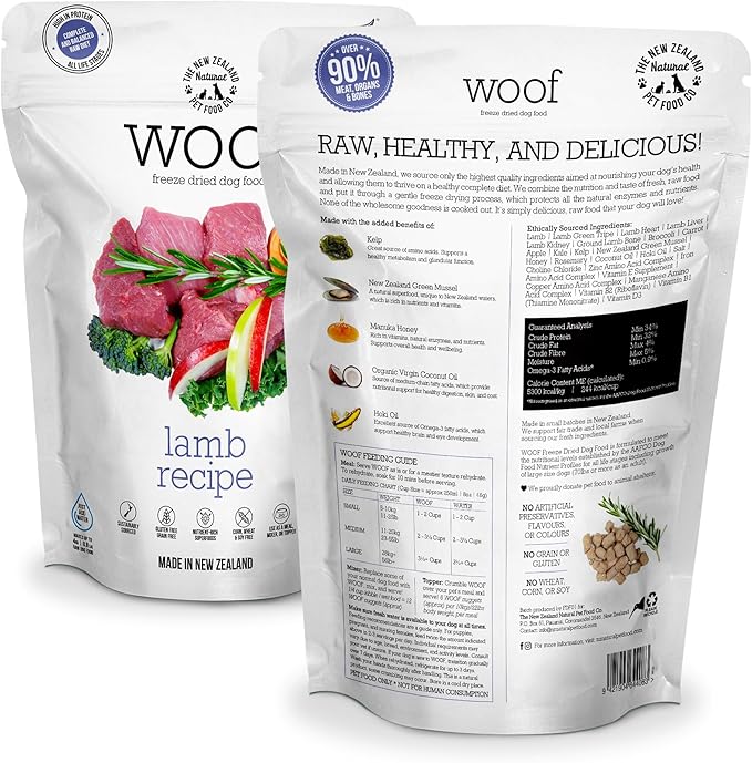 WOOF Freeze Dried Dog Food - Lamb Recipe, High Protein Dog Training Treats &amp; Meals, Dog Food Topper, 2.2 lb