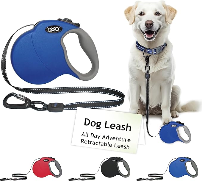 DOCO Retractable Dog Leash for Large Dogs (Length - 16’, Weight - Upto 45lb) Reflective Tape Lead with Stop and Lock Control, Tangle Free 360° Swivel Snap &amp; Anti-Slip Grip (Blue, Medium)