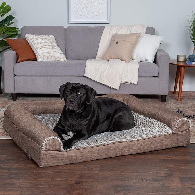 Furhaven Cooling Gel Dog Bed for Large Dogs w/ Removable Bolsters &amp; Washable Cover, For Dogs Up to 125 lbs - Luxe Faux Fur &amp; Performance Linen Sofa - Woodsmoke, Jumbo Plus/XXL
