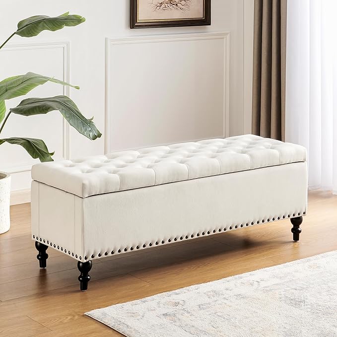 Ottoman with Storage,50.2-inch Upholstered End of Bed Storage Bench for Bedroom,for The Living Room,for Entryway, with Rivets &amp; Button and Safety Hinges,Detachable (White)