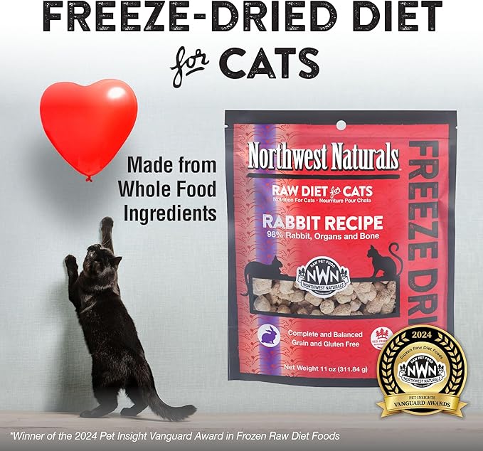 Northwest Naturals Freeze-Dried Rabbit Cat &amp; Kitten Food – Bite-Sized Nibbles – Healthy, Limited, Human-Grade Ingredients, All-Natural, High-Protein Raw Diet – Complete &amp; Balanced – 11 oz (Pack of 3)