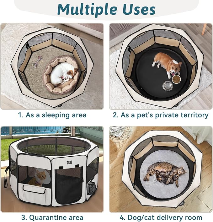 PETSFIT Portable Dog Playpen,36" Dog Play Pen Indoors with Removable Waterproof Mat &amp; Zippered Roof | RV, Camping, Travel Dog Pen | Whelping &amp; Cat Observation Space(36" L x 36" W x 21" H)