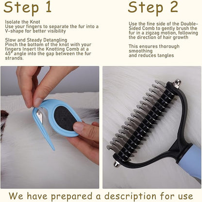 Upgraded Cat &amp; Dog Knotting Comb + Grooming Kit – Hidden Blade Safe Tangle Remover, Non-Slip Handle, Includes 4 Knotting Combs &amp; 1 Pet Grooming Brush