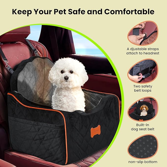Dog Car Seat for Small Dogs Under 30lbs, Detachable Washable Pet Booster Seat with Safety Belt &amp; Storage Pockets, Travel Car Bed, Black/Grey