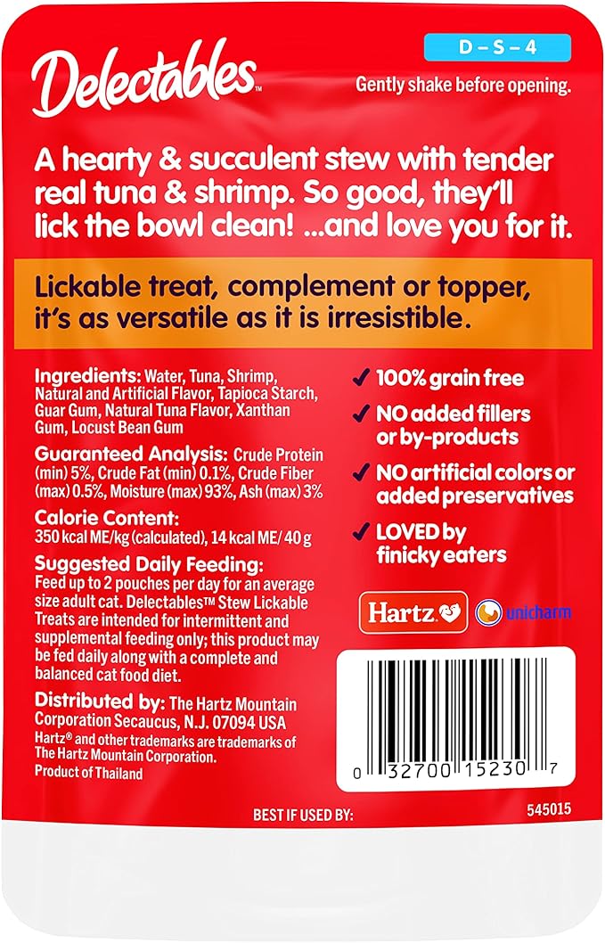 Hartz Delectables Stew Lickable Wet Cat Treats for Adult &amp; Senior Cats, Tuna &amp; Shrimp, 12 Count, 1.4 Ounce (Pack of 12)