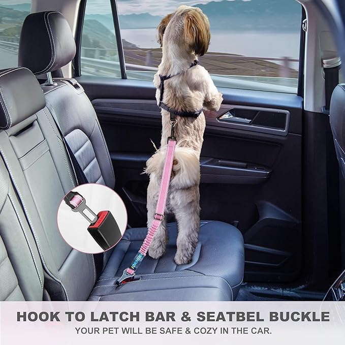 IOKHEIRA Dog Seat Belt 3-in-1 Car Harness for Dogs Adjustable Safety Seatbelt for Car Nylon Reflective Bungee Fabric Dog Car Harness with Clip Hook Latch &amp; Buckle, Swivel Zinc Alloy Carabiner (Pink)