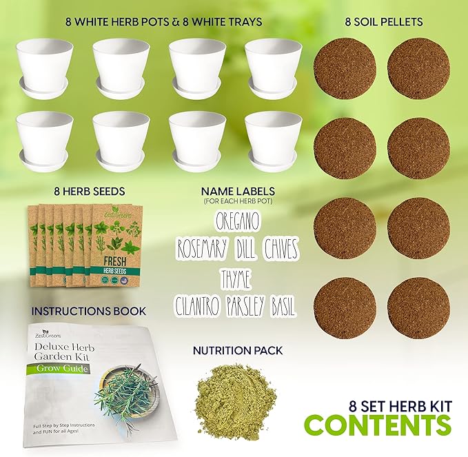 Deluxe Indoor &amp; Outdoor Herb Garden Kit – 8 or The Most Popular Culinary Herbs with Pots &amp; Soil for Windowsill or Patio Growing