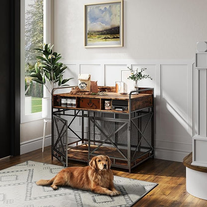 Dog Crate Furniture, 43" Heavy Duty Wooden Dog Crate End Table, XL Dog Kennel Furniture Large Breed, Decorative Dog Kenne Indoor with 3 Drawers &amp; Steel Tubes 43" L x28 W x36 H (Rustic Brown)