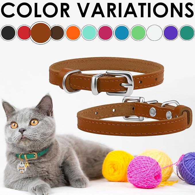 BRONZEDOG Leather Cat Collar with Removable Bells Non Breakaway Kitten QR Tag for Girl Boy (9" - 12" Cats/Mini Dogs, Light Brown &amp; Silver)