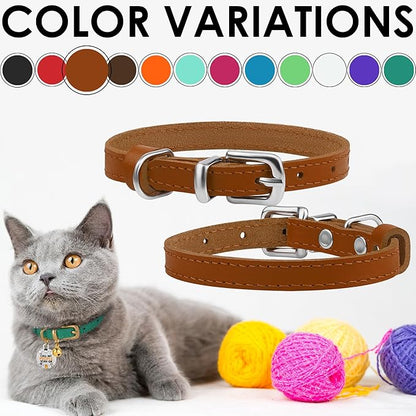 BRONZEDOG Leather Cat Collar with Removable Bells Non Breakaway Kitten QR Tag for Girl Boy (9" - 12" Cats/Mini Dogs, Light Brown &amp; Silver)