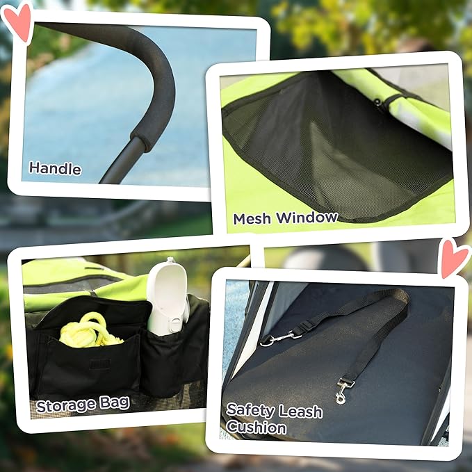 PawHut Dog Stroller, Pet Stroller 3 Wheels with Easy One-Hand Fold, Rubber Wheels, Storage Bag, Soft Cushion, Safety Leash, for Small &amp; Medium Dogs, Yellowish Green