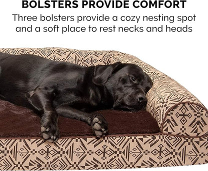 Furhaven Orthopedic Dog Bed for Large Dogs w/ Removable Bolsters &amp; Washable Cover, For Dogs Up to 95 lbs - Plush &amp; Southwest Kilim Woven Decor Sofa - Desert Brown, Jumbo/XL